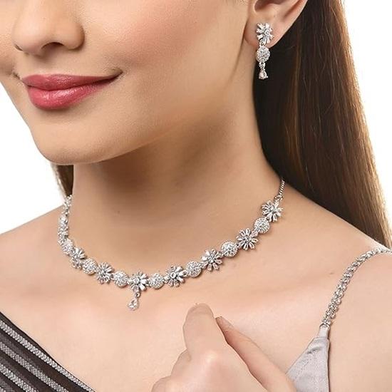 Rhodium Plated Silver Toned White American Diamond Studded Necklace With Earring Jewellery Set For Woment and Girl