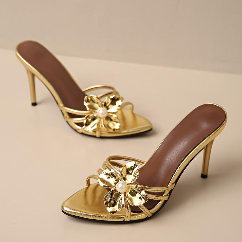 Fashion New High Heels Summer Women Fashion Round Toe Open Toe Beautiful Metal Flower Straight Strap Non-slip Slippers