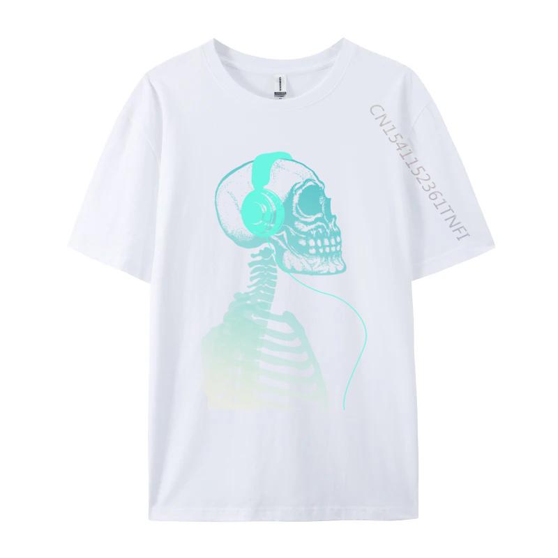 Skeleton Listening To Music With Headphones On His Skull T Shirt Black Vintage T-Shirt Pure Cotton Unique Camisas Hombre