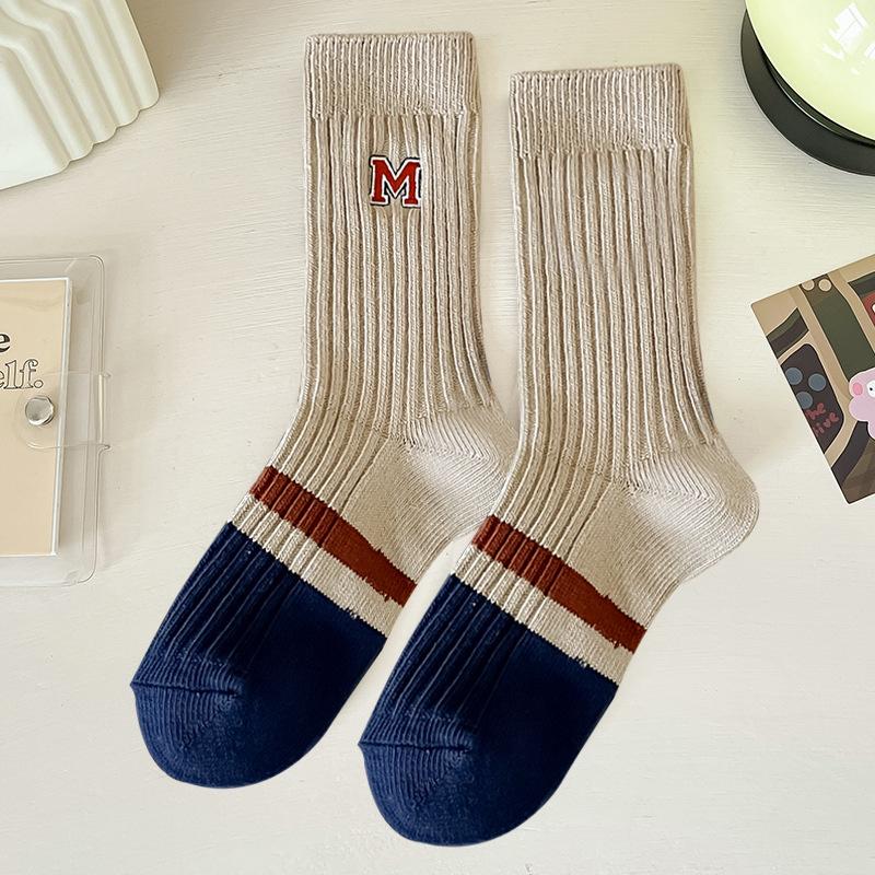 Women's Autumn and Winter Striped Embroidered Lettered Mid Calf Cotton Socks
