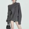 2026 Winter Korean Style Off-Shoulder Long Sleeve Cable Knit Sweater Loose Fit Warm Womens Top