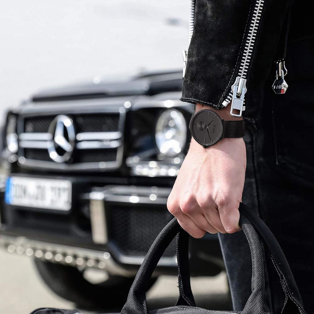 BUREI Men's Black Watch, Simple, Stylish, Popular, Men's Black Watch with Leather Strap (AMJP-7, Stainless Steel)