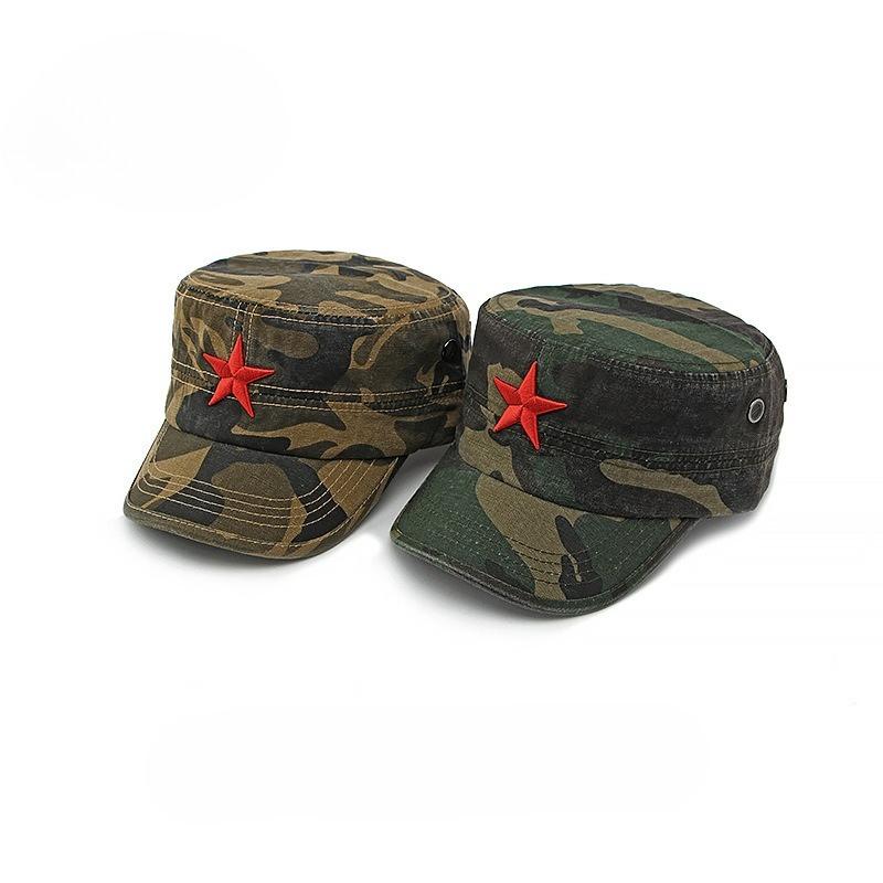 Vintage Camouflage Military Cap Red Star Embroidery Cotton Flat Top Hat Unisex Outdoor Sun Protection Hiking Travel Cap