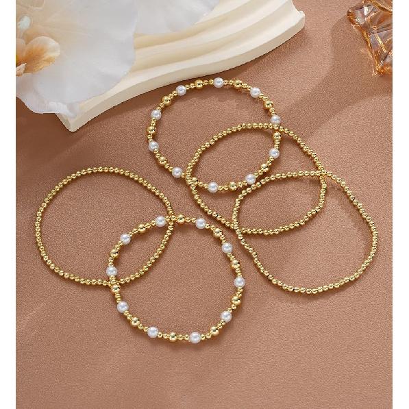 Gold Beaded Bracelets for Women, 14K Real Gold Plated Jewelry for Women Dainty Pearl Bead Bracelets Stack, Non Tarnish Trendy Stackable Ball Cross