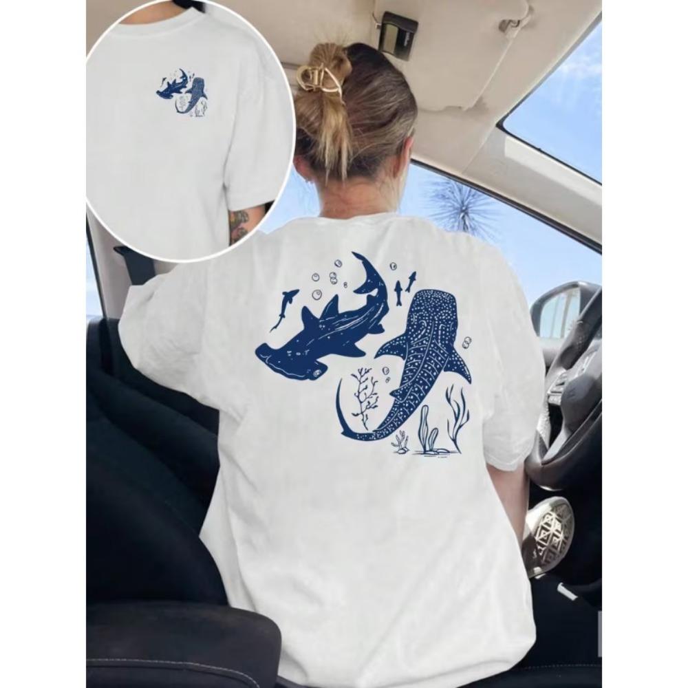Vintage Ocean Whale Shark Print T-Shirt Unisex Oversized Casual Crew Neck Tee Soft Comfortable Shirt for S