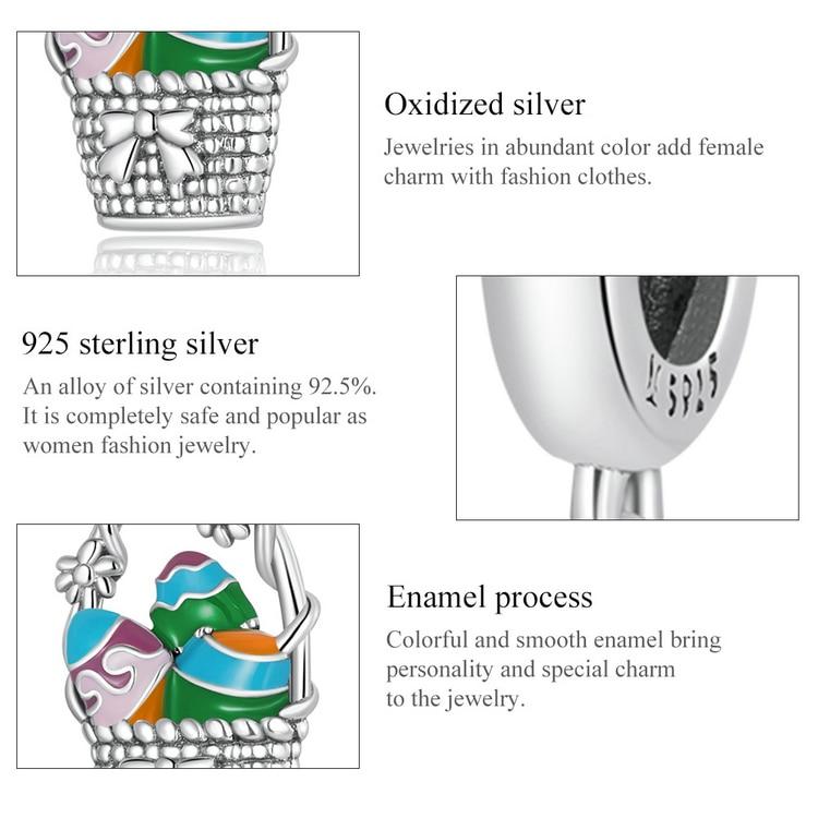 WOSTU 925 Sterling Silver Easter Egg Basket Flowers Charm Bead Pendant Fit Original Bracelet Necklace For Women Jewelry