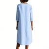 Ladies' Casual Round Neck Button Pocket Cotton Linen Mid Sleeve  Dress