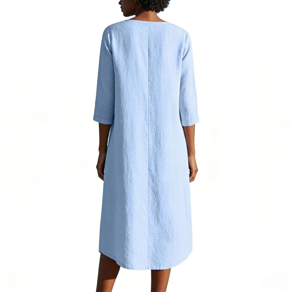 Ladies' Casual Round Neck Button Pocket Cotton Linen Mid Sleeve  Dress