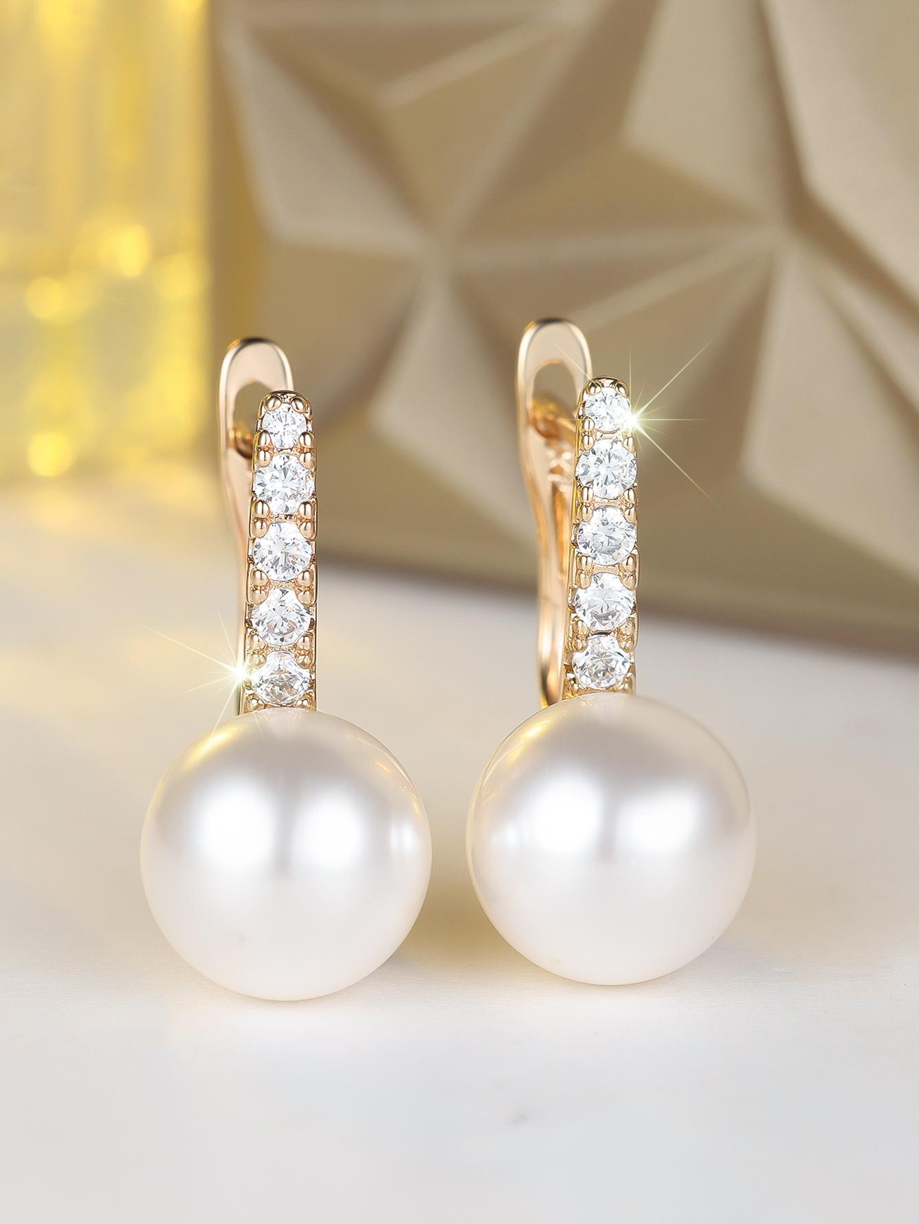 Sparkling diamond zircon pearl earrings, temperament daily white earrings women