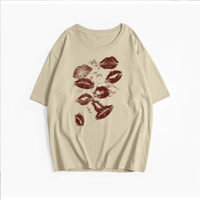 Hirsionsan sexy lip print T-shirt for women s summer soft short sleeved T-shirt for women s oversized Gothic top S