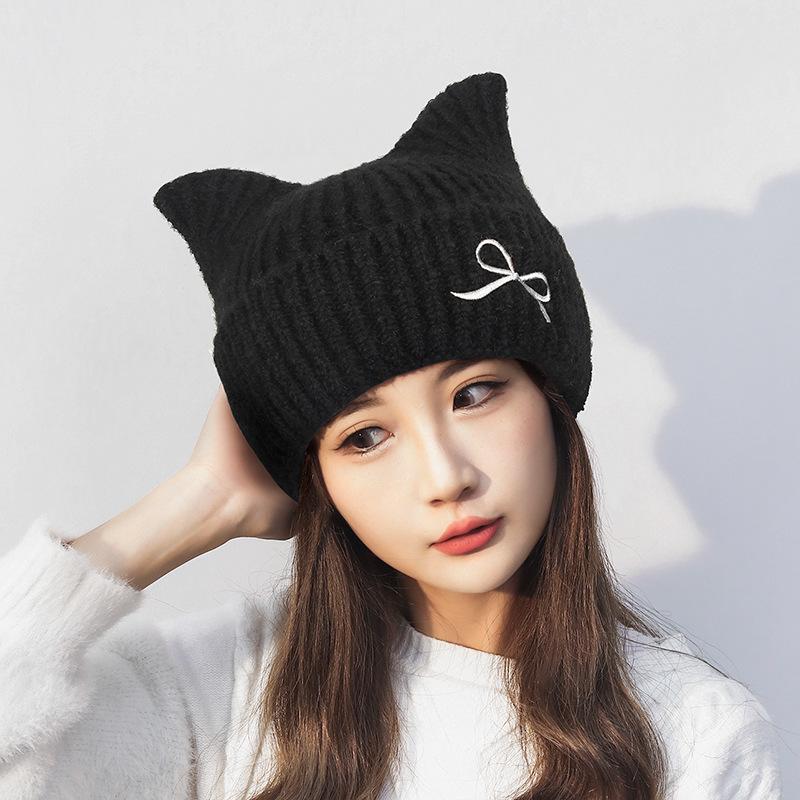 Winter Bow Cat Ear Knitted Wool Hat Women's Warm Ear Protection Hat