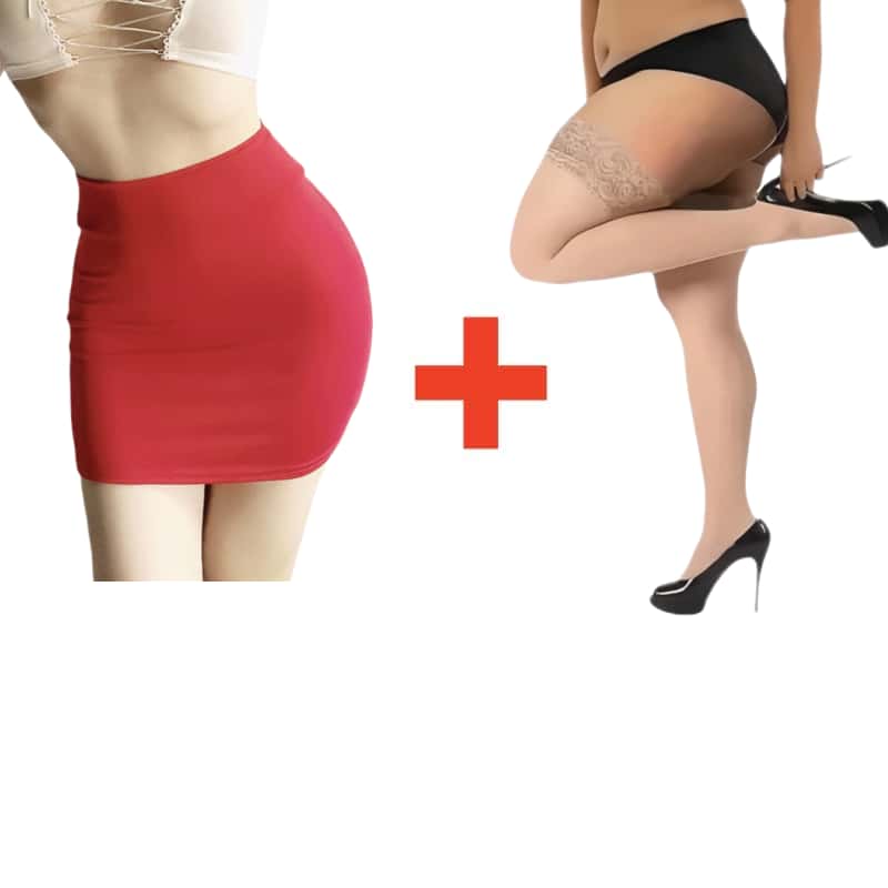 2PCS/SET Women High Waist Pencil Mini Skirts+Stockings Dress Set,Sexy Casual Wrap Hips Black Short Skirt and Pantyhose