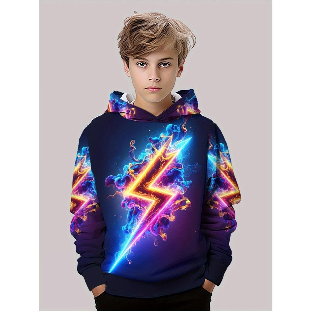 Colorful lightning pattern boys' hoodie, long sleeved pullover casual wear, cartoon fashion pullover