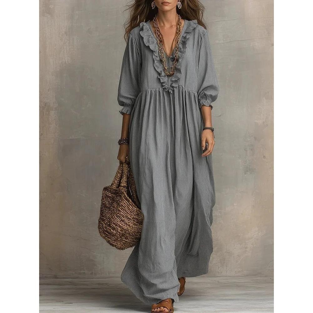 Abito Maxi da Donna a Righe con Volant e Scollo a V, Casual, Vestibilità Larga, Vita Alta, Lungo