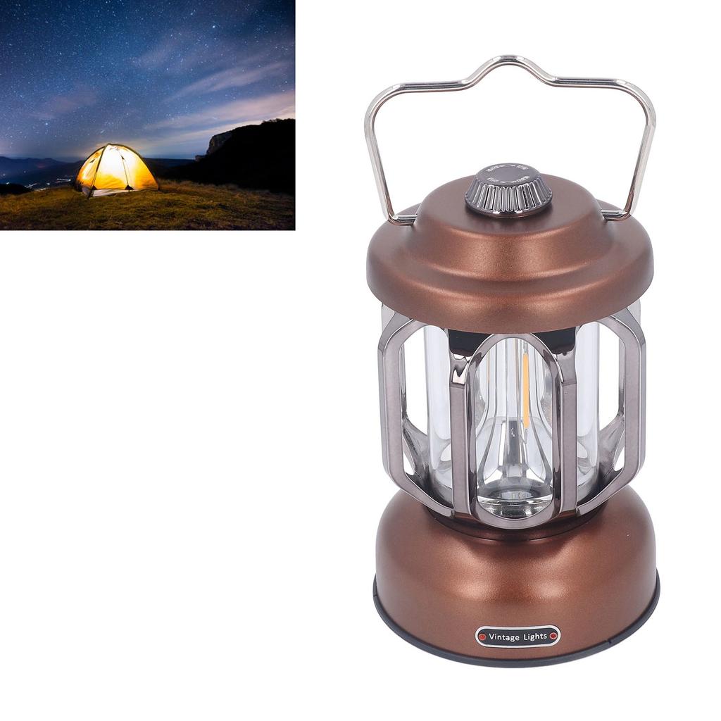 Retro Camping Lantern Vintage Camping Lamp Type C Rechargeable 3 Modes Dimmable with Hook Waterproof LED Tent Lamp for Garden Brown