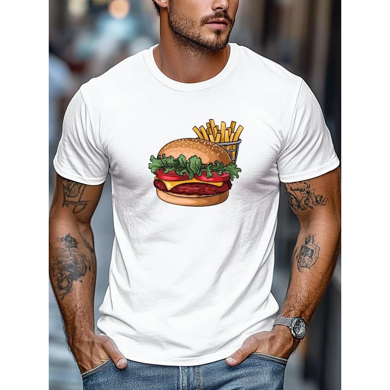 European Sizes Men's T-shirt, Simple and Stylish, Relaxed and Casual, Men's Hamburger and French Fries Pattern Summer Casual Crew Neck