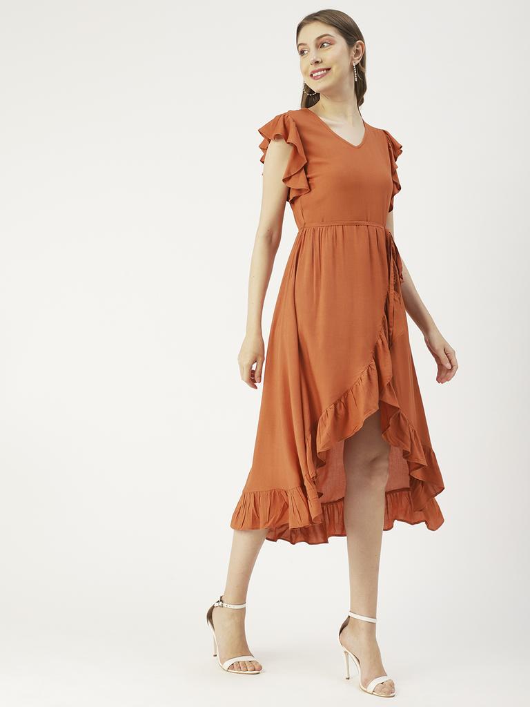 Moomaya Printed Viscose Front Slit Ruffle Dress, Summer Resort Wear Women