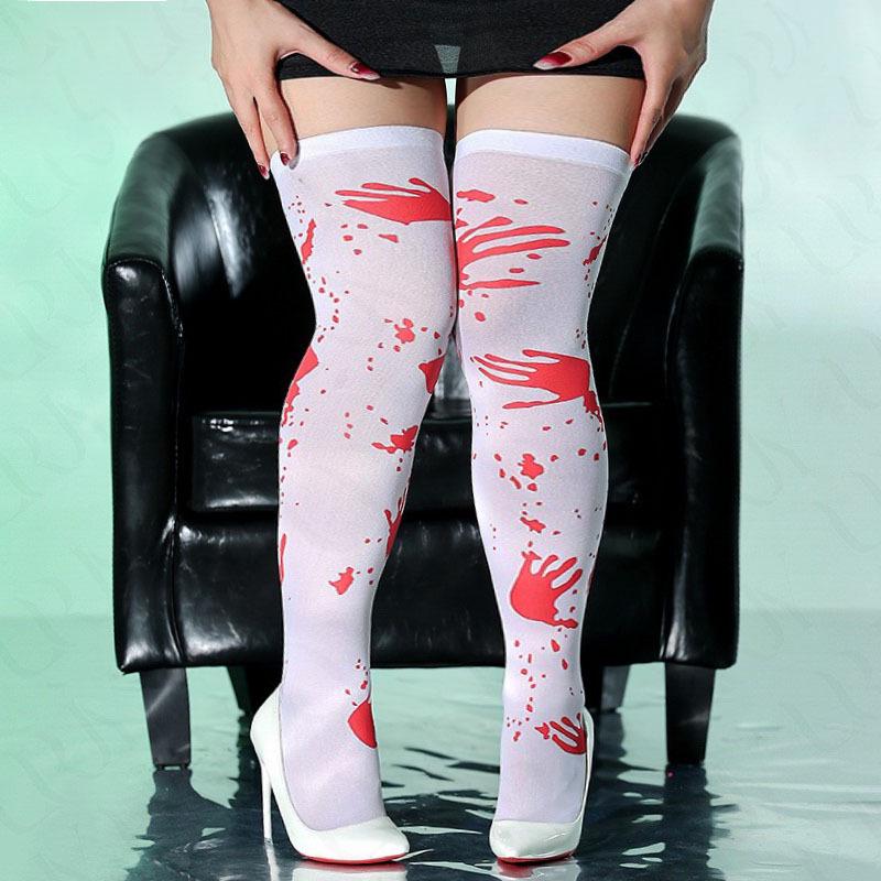 Skull Print Thigh-High Halloween Stockings – Polyester Over-the-Knee Socks