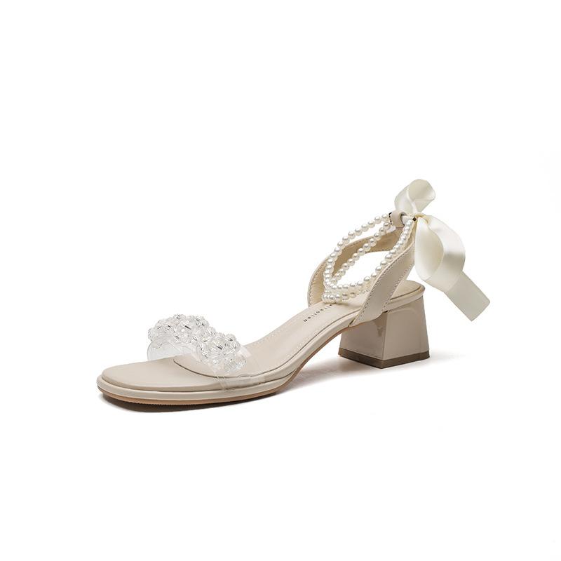 Fashion Sandals Straps Bow Shoes Summer Heels Suit Female Beige Square Toe Mary Jane Lace Up Comfort Girls Black Buckle Pearl Low 2025 B