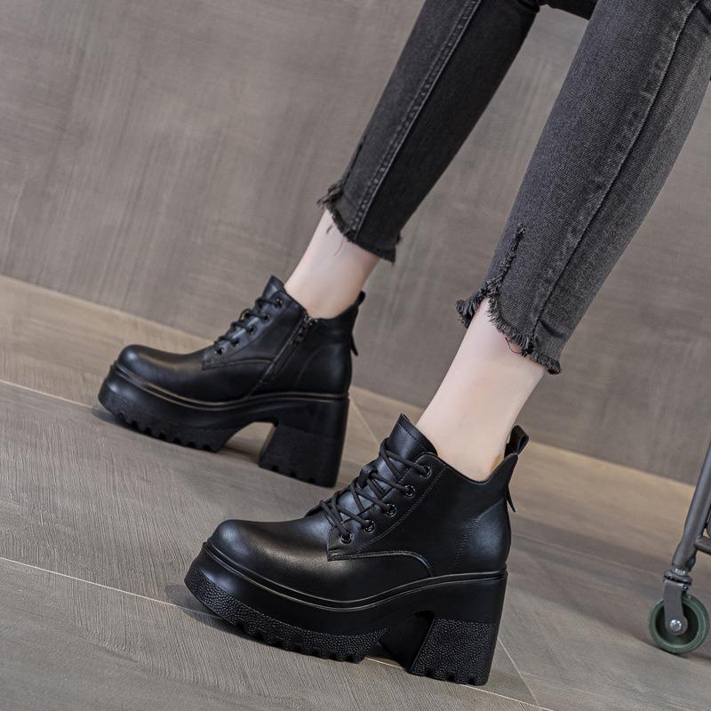 Autumn and winter women's shoes new heightening platform high heels casual short boots women's Martin boots lace-up versatile single cotton shoes