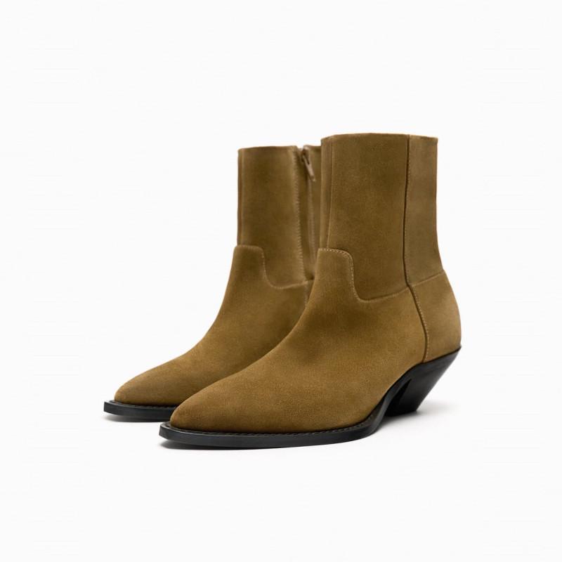 ZA2025 Women's Retro Cowhide Suede Chunky Heel Slip-On Ankle Boots with Round Toe & Wide Shaft