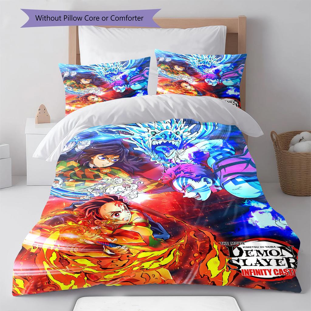 Demon Slayer Pattern Bedding Quilt Set Quilt Cover Pillowcase Home Decoration Gift (1 * Duvet Cover + 2 * Pillowcase, Without Core)