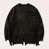 Dunkler Gothic Streetwear Strickpullover mit Buchstaben-Jacquard, distressed Löchern, lockerer Passform, Langarm Pullover Damen