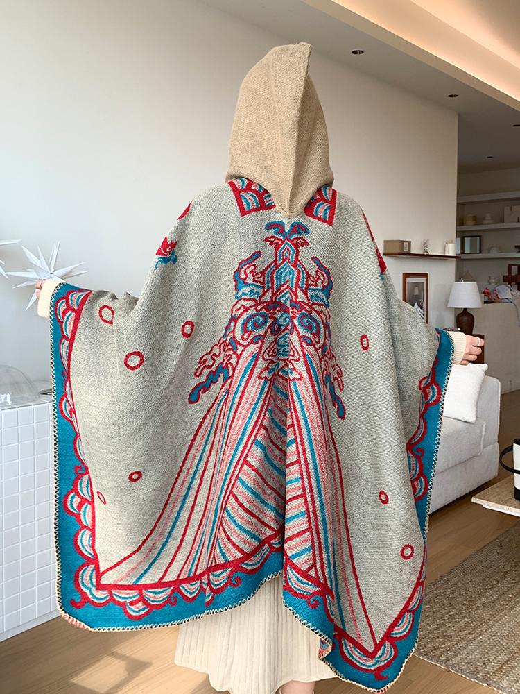 Winter Women Scarf Hooded Layers Poncho Elegant Lady Retro Print Warm Wrap Shawl Scarve Capa Para Mujer Pashmina Cloak Fashion