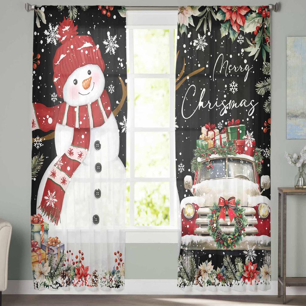 Christmas And Winter Snowman Poinsettia Curtains For Living Room Bedroom Home Decoration Window Voile Tulle Curtain Drapes