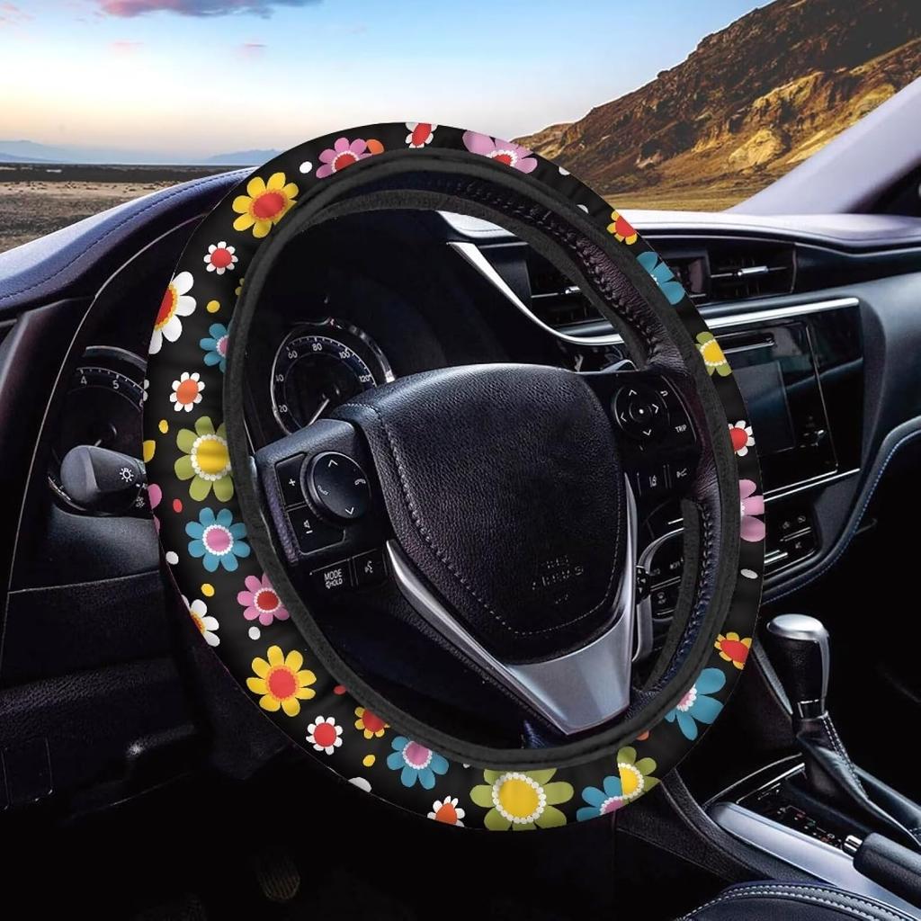15inch Cow Sunflower Auto Steering Wheel Cover for Women Men Sunflower Lover,Brown Cowhide Steering Wheel Cover Protector Accessory Elastic and Anti