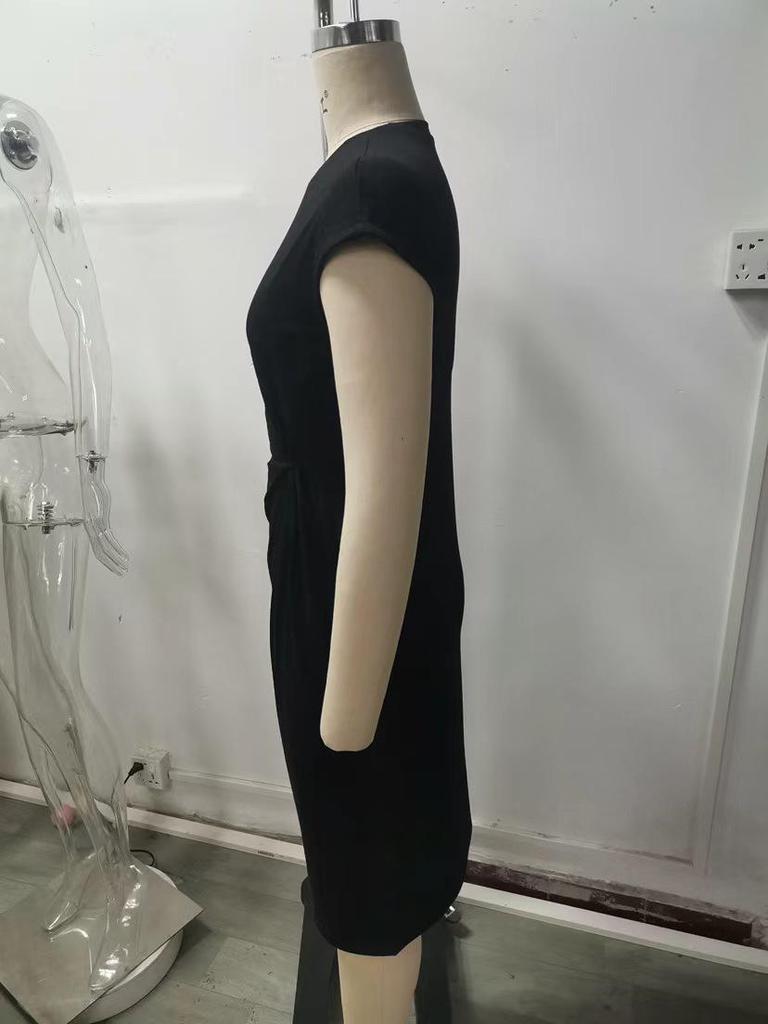 Women's Casual Bodycon Midi Dress with Front Knot and Round Neck