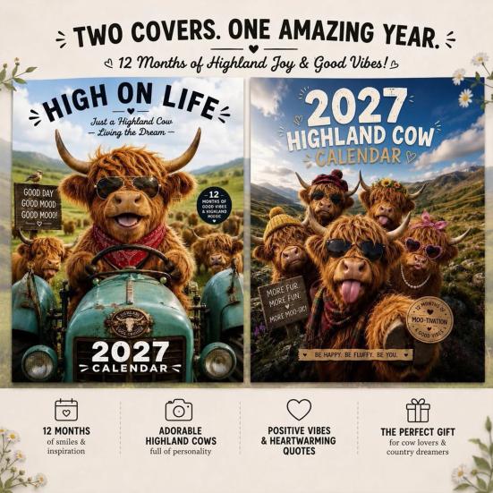 Nástěnný kalendář 2027 s kravami z Highlands Vtipný kalendář, Roztomilé hospodářské zvíře 12měsíční Kancelářský závěsný Skotský plánovač pro rustikální domácí dekoraci Umění Obývací pokoj