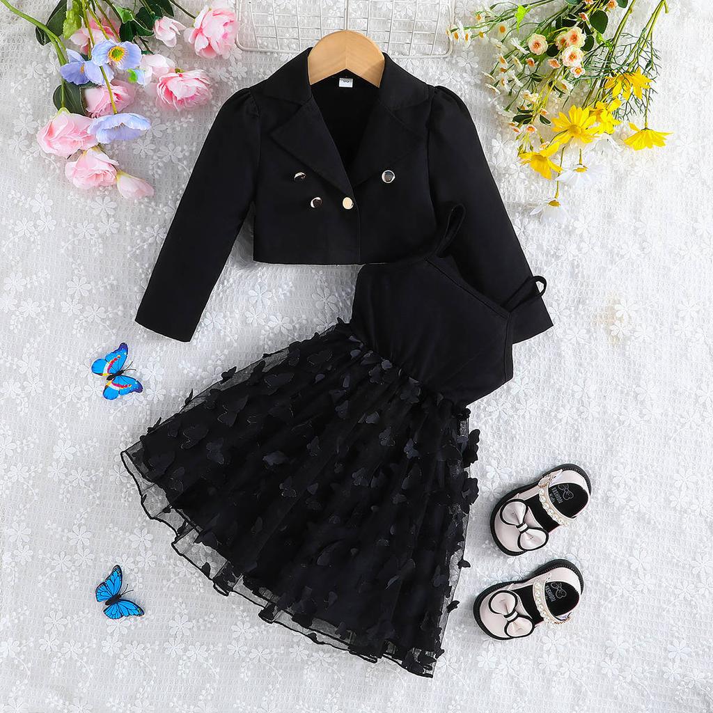 Children Clothing Autumn Winter Girls Long Sleeved Suit Crop Jacket + Tulle Dress 2 Piece Set Fashion Kids Skirt Sets