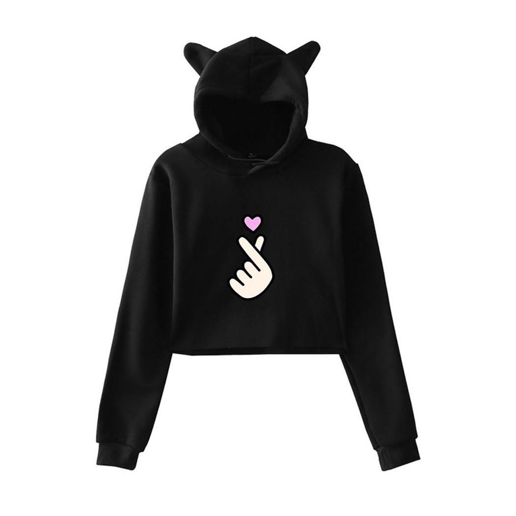 Womens Long Sleeve Crop Top Hoodies Great Mustache Cat Ear Lumbar Hoodie Pullover Sweater