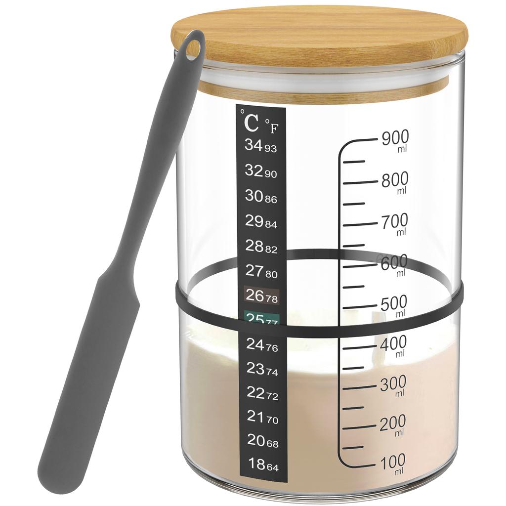 900ml Sourdough Starter Jar Kit Heat Resistant Clear Glass Fermentation Jar with Wooden Lid Spatula for Dough Starter Baking