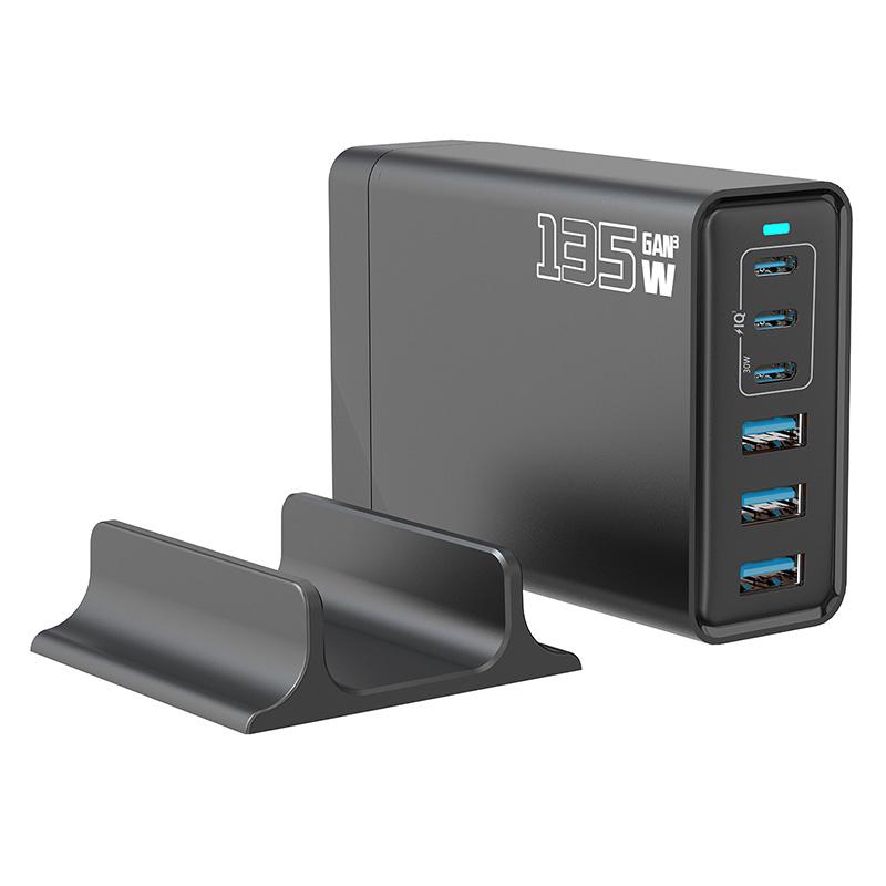 135W GaN Desktop Charger 3C+3A 6 Port Output 65W Single Type-C Port Charging Station for Phones Tablets