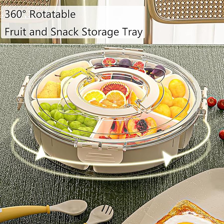 Rotating Veggie Tray Handle Divided Serving Tray Serving Tray with Lid,Portable Snack Spinner, Clear Fridge Organizer Storage
