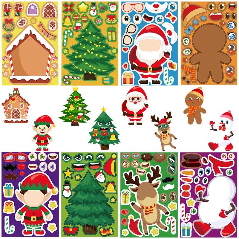 8Pcs Christmas Puzzle Stickers Kids Cartoon Santa Snowman Xmas Tree Stickers Party Decoration Diy Assemble Waterproof Stickers