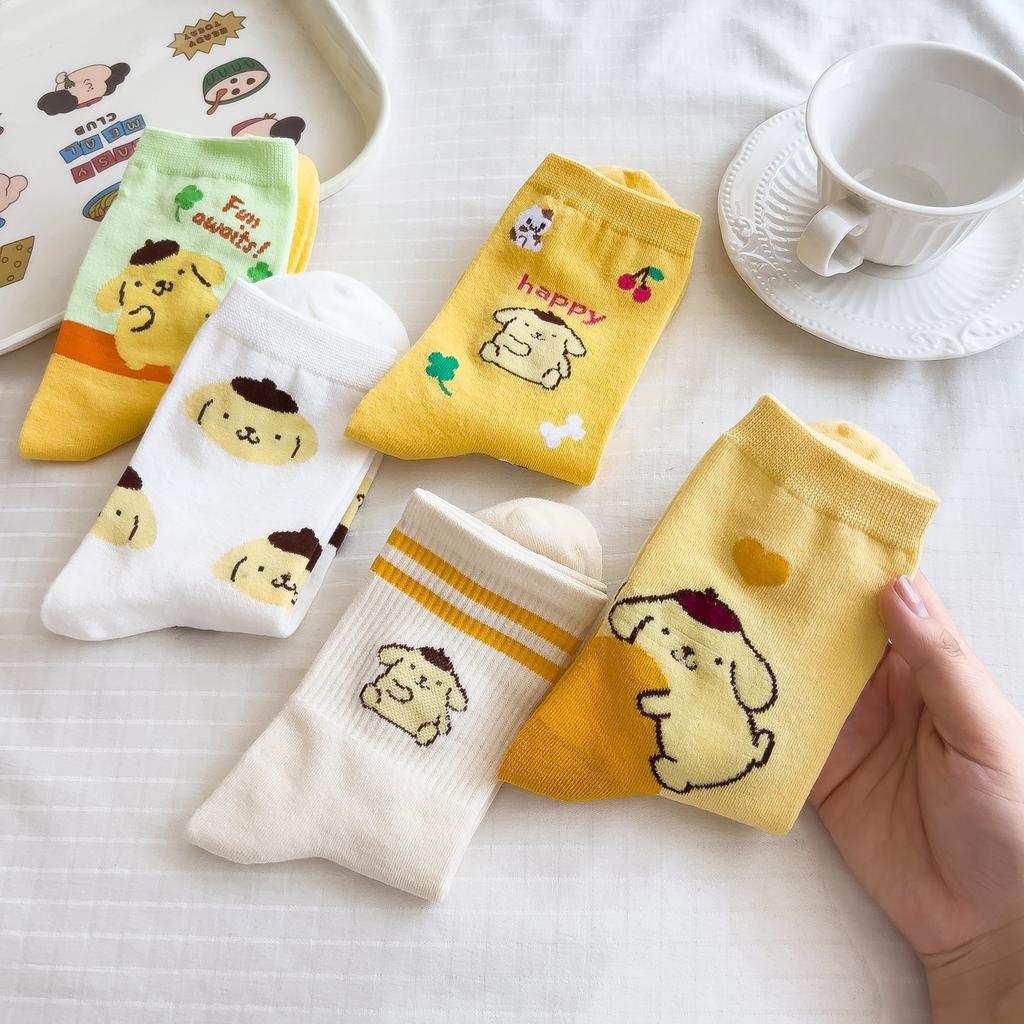 Sanrio Mymelody Cinnamoroll Pom Pom Purin Středně dlouhé ponožky Ins Prodyšné Minimální design Volnočasové Sportovní ponožky Dárky pro dívky Krásné