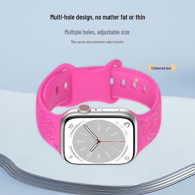 Apple Rose Pattern Silicone Watch Strap for 9th Gen Apple Watch, Laser Engraved Design with Eight-Shaped Buckle
