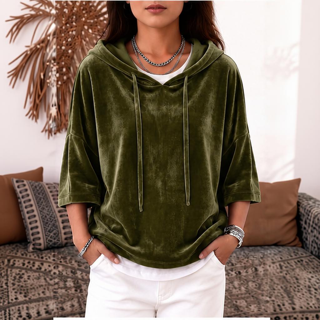 Women's Casual Velvet Hooded Top with Three-Quarter Sleeves Color