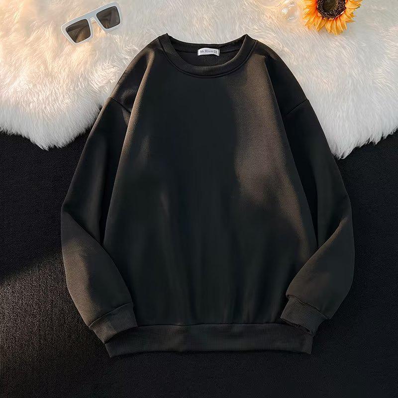 Unisex Round Neck Plush Sweatshirt: White, Long Sleeve, Hoodless, Loose Fit, Trendy and Casual.