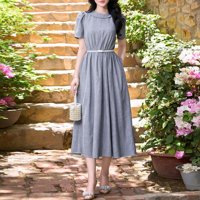 

ZANZEA Женское летнее повседневное платье с круглым вырезом и короткими рукавами в полоску тёмно-синий