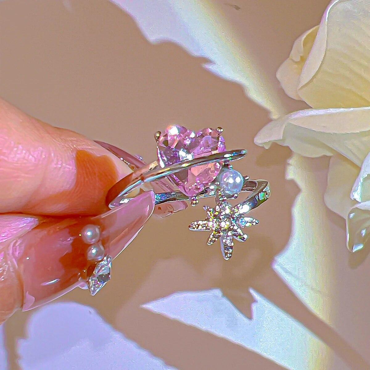 

17 км Y2K Кольца с розовыми кристаллами для женщин и девочек, романтическое кольцо с сердечком и бантом, девичье кольцо на палец с бабочкой, новые модные ювелирные изделия, подарки