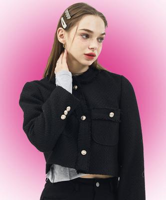 Citypopz [Cp] Crop Round Tweed Blazer Jacket [Black] Gold Button Ver.