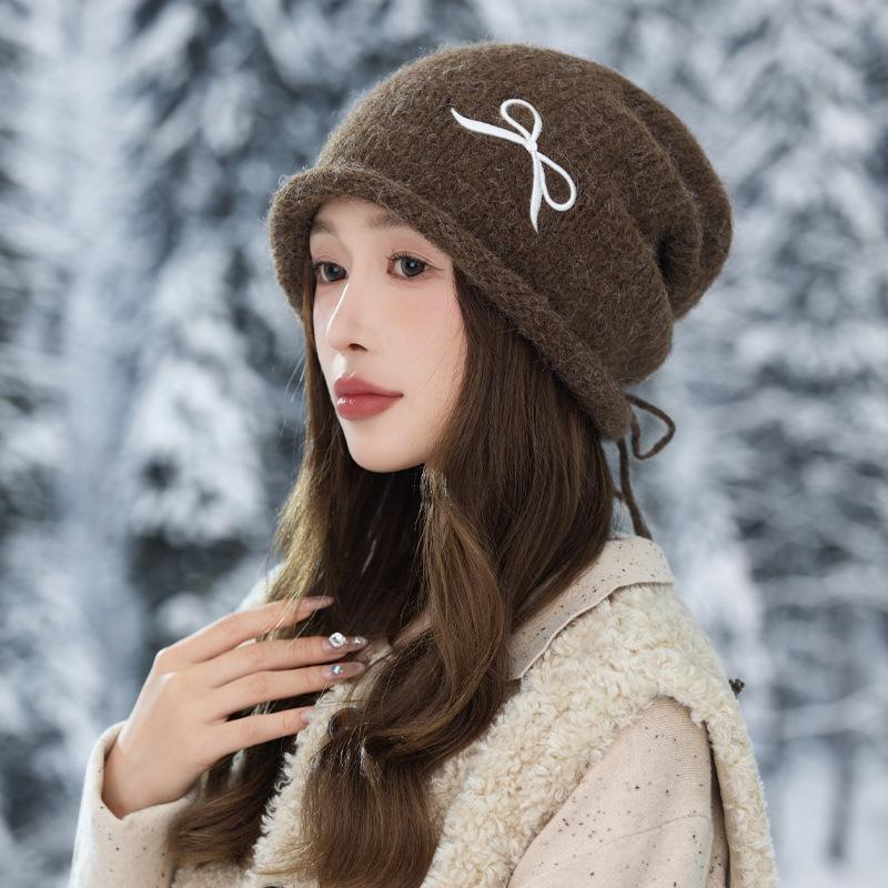 Sweet and Cute Bow Embroidered Drawstring Cold Hat Autumn and Winter Fashion Versatile Pullover Hat Windproof and Warm Wool Hat Korean