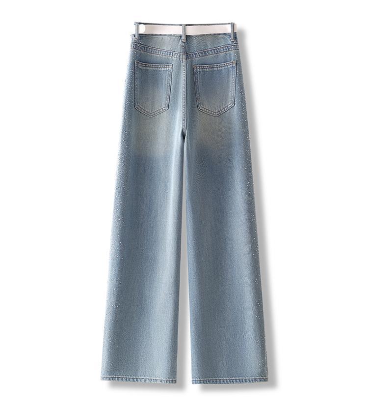 Women's Spring 2026 High-Waisted Loose Wide-Leg Jeans with Side Rhinestones