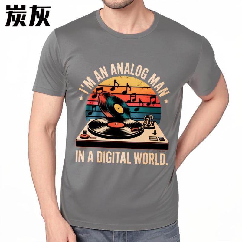 Adult Men O Neck tshirt Brand Analog Man In Digital World Vinyl Record Turntable Music Notes Sunset Background Minimalist