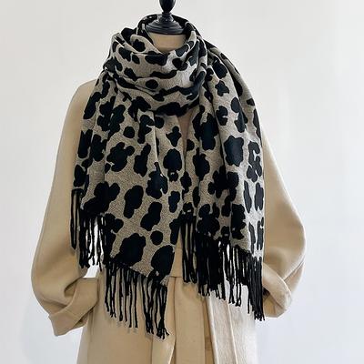 Animal Leopard Print Fashion Core Spun Yarn Ladies Warm Scarf Long Tassel Shawl Scarf