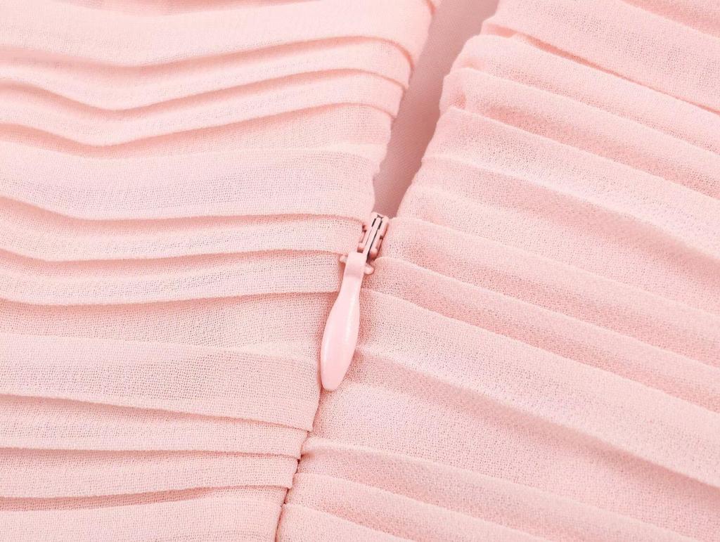 2026 Spring Women's European Style Pink Chiffon Long Dress with Short Sleeves
